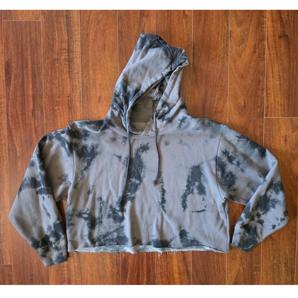J.o&co Womens Grey Tie Dye Cropped Hoodie Raw Hem Pullover Sweatshirt Medium